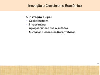 Ciência, Tecnologia e Educação no Brasil Hélio Henkin ( FCE / UFRGS )
130
Inovação e Crescimento Econômico
• A inovação exige:
▫ Capital humano
▫ Infraestrutura
▫ Apropriabilidade dos resultados
▫ Mercados Financeiros Desenvolvidos
 