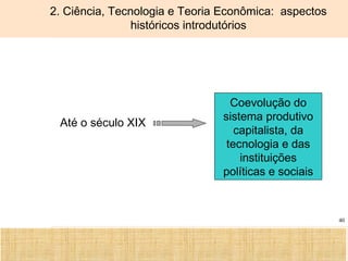 Ciência, Tecnologia e Educação no Brasil Hélio Henkin ( FCE / UFRGS )
40
2. Ciência, Tecnologia e Teoria Econômica: aspectos
históricos introdutórios
Até o século XIX
Coevolução do
sistema produtivo
capitalista, da
tecnologia e das
instituições
políticas e sociais
 