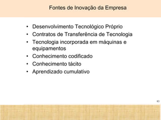 Ciência, Tecnologia e Educação no Brasil Hélio Henkin ( FCE / UFRGS )
83
Fontes de Inovação da Empresa
• Desenvolvimento Tecnológico Próprio
• Contratos de Transferência de Tecnologia
• Tecnologia incorporada em máquinas e
equipamentos
• Conhecimento codificado
• Conhecimento tácito
• Aprendizado cumulativo
 