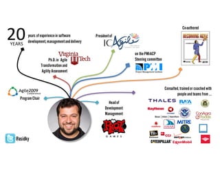 20YEARS
on thePMI-ACP
Steering committeePh.D.in Agile
Transformationand
Agility Assessment
years ofexperiencein software
development,managementanddelivery
Presidentof
Co-authored
Consulted,trainedor coachedwith
peopleandteams from …
ProgramChair
Headof
Development
Management
@asidky
 