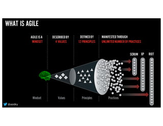 Mindset Values Principles Practices
AGILEIS A
MINDSET
DESCRIBEDBY
4 VALUES
DEFINEDBY
12 PRINCIPLES
MANIFESTEDTHROUGH
UNLIMITEDNUMBEROFPRACTICES
WHAT IS AGILE
SCRUM XP RIOT
@asidky
 