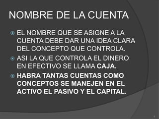 NOMBRE DE LA CUENTA
 EL NOMBRE QUE SE ASIGNE A LA
CUENTA DEBE DAR UNA IDEA CLARA
DEL CONCEPTO QUE CONTROLA.
 ASI LA QUE CONTROLA EL DINERO
EN EFECTIVO SE LLAMA CAJA.
 HABRA TANTAS CUENTAS COMO
CONCEPTOS SE MANEJEN EN EL
ACTIVO EL PASIVO Y EL CAPITAL.
5
 