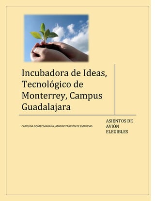 Incubadora de Ideas,
Tecnológico de
Monterrey, Campus
Guadalajara
                                                    ASIENTOS DE
                                                    AVIÓN
CAROLINA GÓMEZ MAGAÑA, ADMINISTRACIÓN DE EMPRESAS

                                                    ELEGIBLES
 