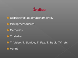 Índice
Dispositivos de almacenamiento.
Microprocesadores
Memorias
T. Madre
T. Video, T. Sonido, T. Fax, T. Radio TV. etc.
Varios
 