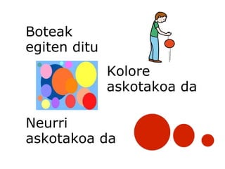 Boteak  egiten ditu Kolore askotakoa da Neurri  askotakoa da 
