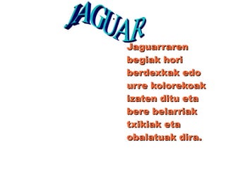 .
JaguarrarenJaguarraren
begiak horibegiak hori
berdexkak edoberdexkak edo
urre kolorekoakurre kolorekoak
izaten ditu etaizaten ditu eta
bere belarriakbere belarriak
txikiak etatxikiak eta
obalatuak dira.obalatuak dira.
 