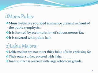 1)Mons Pubis:
Mons Pubis is a rounded eminence present in front of
the pubic symphysis .
It is formed by accumulation of subcutaneous fat.
It is covered with pubic hair.
2)Labia Majora:
Labia majora are two outer thick folde of skin enclosing fat
Their outer surface covered with hairs
Inner surface is covered with large sebaceous glands.
8
 