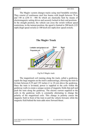 MAGLEV 2015-2016
The Maglev system changes tracks using steel bendable switches.
They consist of continuous steel box beams with length between 78 m
and 148 m (256 ft - 486 ft) which are elastically bent by means of
electromagnetic setting drives and securely locked in their end positions.
In the straight position, the vehicle can cross the switch without speed
restrictions, in the turnout position, the speed is limited to 200 km/h (125
mph) (high speed switch) or 100 km/h (62 mph) (low speed switch).
The Maglev Track
Fig.No:9 Maglev track
The magnetized coil running along the track, called a guideway,
repels the large magnets on the train's undercarriage, allowing the train to
levitate between 0.39 and 3.93 inches (1 to 10 cm) above the guideway.
Once the train is levitated, power is supplied to the coils within the
guideway walls to create a unique system of magnetic fields that pull and
push the train along the guideway. The electric current supplied to the
coils in the guideway walls is constantly alternating to change the
polarity of the magnetized coils. This change in polarity causes the
magnetic field in front of the train to pull the vehicle forward, while the
magnetic field behind the train adds more forward thrust.
ELECTRICAL&ELECTRONICS ENGINEERING 22 AL-AZHAR POLYTHECHINIC
COLLEGE
 
