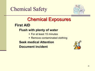 20
Chemical Safety
Chemical Exposures
First AID
Flush with plenty of water
 For at least 15 minutes
 Remove contaminated clothing
Seek medical Attention
Document incident
 