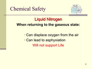 22
Chemical Safety
Liquid Nitrogen
When returning to the gaseous state:
 Can displace oxygen from the air
 Can lead to asphyxiation
Will not support Life
 