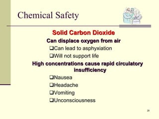 28
Chemical Safety
Solid Carbon Dioxide
Can displace oxygen from air
Can lead to asphyxiation
Will not support life
High concentrations cause rapid circulatory
insufficiency
Nausea
Headache
Vomiting
Unconsciousness
 