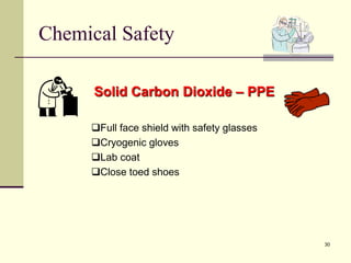 30
Chemical Safety
Solid Carbon Dioxide – PPE
Full face shield with safety glasses
Cryogenic gloves
Lab coat
Close toed shoes
 