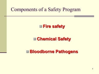 6
Components of a Safety Program
 Fire safety
 Chemical Safety
 Bloodborne Pathogens
 