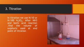3. Titration
In titration we use N/10 or
N/100 H2SO4. After NH3
and boric acid reaction
.find the volume of
sulphuric used at end
point of titration

 