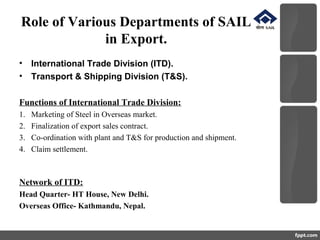 Role of Various Departments of SAIL
in Export.
• International Trade Division (ITD).
• Transport & Shipping Division (T&S).
Functions of International Trade Division:
1. Marketing of Steel in Overseas market.
2. Finalization of export sales contract.
3. Co-ordination with plant and T&S for production and shipment.
4. Claim settlement.
Network of ITD:
Head Quarter- HT House, New Delhi.
Overseas Office- Kathmandu, Nepal.
 