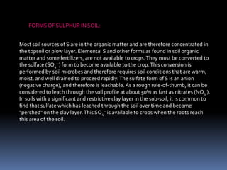 Most soil sources of S are in the organic matter and are therefore concentrated in
the topsoil or plow layer. Elemental S and other forms as found in soil organic
matter and some fertilizers, are not available to crops.They must be converted to
the sulfate (SO4
--) form to become available to the crop.This conversion is
performed by soil microbes and therefore requires soil conditions that are warm,
moist, and well drained to proceed rapidly.The sulfate form of S is an anion
(negative charge), and therefore is leachable. As a rough rule-of-thumb, it can be
considered to leach through the soil profile at about 50% as fast as nitrates (NO3
-).
In soils with a significant and restrictive clay layer in the sub-soil, it is common to
find that sulfate which has leached through the soil over time and become
"perched" on the clay layer.This SO4
-- is available to crops when the roots reach
this area of the soil.
FORMSOF SULPHUR IN SOIL:
 