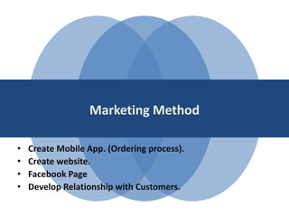 Marketing Method
• Create Mobile App. (Ordering process).
• Create website.
• Facebook Page
• Develop Relationship with Customers.
 