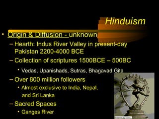 Hinduism
• Origin & Diffusion - unknown
– Hearth: Indus River Valley in present-day
Pakistan 2200-4000 BCE
– Collection of scriptures 1500BCE – 500BC
• Vedas, Upanishads, Sutras, Bhagavad Gita
– Over 800 million followers
• Almost exclusive to India, Nepal,
and Sri Lanka
– Sacred Spaces
• Ganges River
 