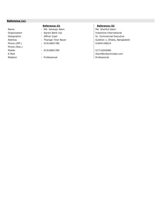 Reference (s):
Reference: 01 Reference: 02
Name : Md. Jahangir Alam Md. Shariful Islam
Organization : Agrani Bank Ltd. Indochine International
Designation : Officer Cash Sr. Commercial Executive
Address : Thangar Char Bazar Gulshan 1, Dhaka, Bangladesh
Phone (Off.) : 01916891780 01844148024
Phone (Res.) :
Mobile : 01916891780 01712645680
E-Mail : sharif@indochinebd.com
Relation : Professional Professional
 