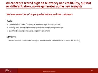 PROPRIETARY	AND	CONFIDENTIAL	
SUBSECTION	TITLE	
12	
All	concepts	scored	high	on	relevancy	and	credibility,	but	not	
on	diﬀerentiation,	so	we	generated	some	new	insights		
	
	
	
	
We	interviewed	four	Company	sales	leaders	and	ﬁve	customers	
Goals:		
a)  Uncover	what	makes	Company	X	Services	unique	vs.	competitors	
b)  Identify	new,	potential	territories	to	consider	in	the	value	proposition		
c)  Gain	feedback	on	(some)	value	proposition	elements	
		
Structure:	
•  45-60	minute	phone	interview	–	highly	qualitative	and	conversational	in	nature	vs.	“scoring”	
 