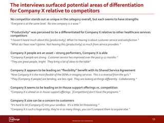 PROPRIETARY	AND	CONFIDENTIAL	
SUBSECTION	TITLE	
13	
The	interviews	surfaced	potential	areas	of	diﬀerentiation	
for	Company	X	relative	to	competitors	
	
	
	
	
	
No	competitor	stands	out	as	unique	in	the	category	overall,	but	each	seems	to	have	strengths	
“Everyone	is	at	the	same	level.		No	one	company	is	a	wow.”	
	
“Productivity”	was	perceived	to	be	a	diﬀerentiated	for	Company	X	relative	to	other	healthcare	services	
competitors	
“I	haven’t	heard	much	about	this	[productivity].	What	I’m	hearing	is	about	customer	service	and	satisfaction.”	
“What	do	I	hear	now?	Uptime.	Not	hearing	this	[productivity]	so	much	from	service	providers.”	
Company	X	people	are	an	asset	–	strong	performers,	Company	X	is	able	
“Company	X	people	are	strong.		Customer	service	has	improved	over	the	past	9-12	months.”	
“They	are	great	people,	bright.		They	bring	a	lot	of	ideas	to	the	table”.	
Company	X	appears	to	be	leading	on	“ﬂexibility”	beneﬁt	with	its	Shared	Service	Agreement	
“Now	Company	X	is	the	most	ﬂexible	of	the	OEMs	in	imaging	services.		This	is	a	reversal	from	the	90’s.”	
“They	[Company	X	people]	are	bending,	are	less	rigid.		They	are	looking	at	things	diﬀerently.		Collaborating.”	
Company	X	seems	to	be	leading	on	In-House	support	oﬀerings	vs.	competition	
“Company	X	is	ahead	on	in-house	support	oﬀerings.		[Competitors]	don’t	have	the	programs.”	
Company	X	size	can	be	a	concern	to	customers	
“It’s	hard	to	let	[Company	X]	into	your	sandbox.		It’s	a	little	bit	threatening.”	
“Company	X	is	such	a	huge	entity,	they’re	in	so	many	things,	you	can’t	compare	them	to	anyone	else.”	
 