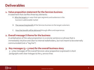 PROPRIETARY	AND	CONFIDENTIAL	
SUBSECTION	TITLE	
4	
Deliverables	
1.		Value	proposition	statement	for	the	Services	business	
	A	statement	that	clariﬁes	three	key	elements:	
	 	A.		Who	the	target	is	in	ways	that	span	segments	and	audiences	in	the	 	 	
	 	business’s	addressable	market		
	
	 	B. 	The	overarching	beneﬁt	of	the	Services	business	to	the	target	customers	
	
	 	C. 	How	that	beneﬁt	will	be	delivered	through	oﬀers	and	experiences		
	
2.		Overall	message	X	theme	for	the	business			
	A	verbalization	of	the	value	proposition	in	a	concise	sentence	or	phrase	that	is	
immediately	intuitive	and	clear	to	internal	stakeholders,	but	not	meant	to	be	externally	
communicated	(not	a	“tag	line”)	
	
3.			Key	messages	(3	–	5	max)	for	the	overall	business	story	
	3	–	5	key	messages	of	the	overall	Services	value	proposition	expressed	in	short	
paragraphs	with	clear	linkages	to	the	4	service	lines	
	
 