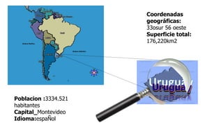 Coordenadas
geográficas:
33osur 56 oeste
Superficie total:
176,220km2
Poblacion :3334.521
habitantes
Capital_Montevideo
Idioma:espaÑol
 