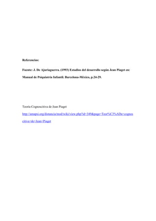 Referencias:
Fuente: J. De Ajuriaguerra. (1993) Estadios del desarrollo según Jean Piaget en:
Manual de Psiquiatría Infantil. Barcelona-México, p.24-29.
Teoría Cognoscitiva de Jean Piaget
http://amapsi.org/distancia/mod/wiki/view.php?id=349&page=Teor%C3%ADa+cognos
citiva+de+Jean+Piaget
 
