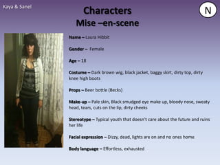 Kaya & Sanel
                      Characters                                                       N
                  Mise –en-scene
               Name – Laura Hibbit

               Gender – Female

               Age – 18

               Costume – Dark brown wig, black jacket, baggy skirt, dirty top, dirty
               knee high boots

               Props – Beer bottle (Becks)

               Make-up – Pale skin, Black smudged eye make up, bloody nose, sweaty
               head, tears, cuts on the lip, dirty cheeks

               Stereotype – Typical youth that doesn't care about the future and ruins
               her life

               Facial expression – Dizzy, dead, lights are on and no ones home

               Body language – Effortless, exhausted
 