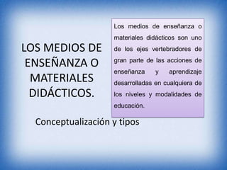 Los medios de enseñanza o
materiales didácticos son uno

LOS MEDIOS DE
ENSEÑANZA O
MATERIALES
DIDÁCTICOS.

de los ejes vertebradores de
gran parte de las acciones de
enseñanza

y

aprendizaje

desarrolladas en cualquiera de
los niveles y modalidades de
educación.

Conceptualización y tipos

 