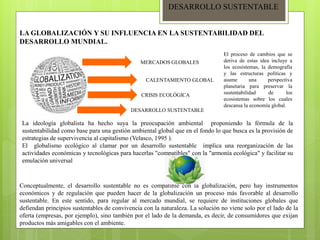 DESARROLLO SUSTENTABLE
LA GLOBALIZACIÓN Y SU INFLUENCIA EN LA SUSTENTABILIDAD DEL
DESARROLLO MUNDIAL.
MERCADOS GLOBALES
CALENTAMIENTO GLOBAL
CRISIS ECOLÓGICA
DESARROLLO SUSTENTABLE
El proceso de cambios que se
deriva de estas idea incluye a
los ecosistemas, la demografía
y las estructuras políticas y
asume una perspectiva
planetaria para preservar la
sustentabilidad de los
ecosistemas sobre los cuales
descansa la economía global.
La ideología globalista ha hecho suya la preocupación ambiental proponiendo la fórmula de la
sustentabilidad como base para una gestión ambiental global que en el fondo lo que busca es la provisión de
estrategias de supervivencia al capitalismo (Velasco, 1995 ).
El globalismo ecológico al clamar por un desarrollo sustentable implica una reorganización de las
actividades económicas y tecnológicas para hacerlas "compatibles" con la "armonía ecológica" y facilitar su
emulación universal
Conceptualmente, el desarrollo sustentable no es compatible con la globalización, pero hay instrumentos
económicos y de regulación que pueden hacer de la globalización un proceso más favorable al desarrollo
sustentable. En este sentido, para regular al mercado mundial, se requiere de instituciones globales que
defiendan principios sustentables de convivencia con la naturaleza. La solución no viene solo por el lado de la
oferta (empresas, por ejemplo), sino también por el lado de la demanda, es decir, de consumidores que exijan
productos más amigables con el ambiente.
 