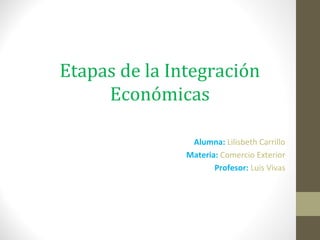 Etapas de la Integración
     Económicas

                Alumna: Lilisbeth Carrillo
               Materia: Comercio Exterior
                      Profesor: Luis Vivas
 