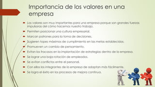 Importancia de los valores en una
empresa
 Los valores son muy importantes para una empresa porque son grandes fuerzas
impulsoras del cómo hacemos nuestro trabajo.
 Permiten posicionar una cultura empresarial.
 Marcan patrones para la toma de decisiones.
 Sugieren topes máximos de cumplimiento en las metas establecidas.
 Promueven un cambio de pensamiento.
 Evitan los fracasos en la implantación de estrategias dentro de la empresa.
 Se lograr una baja rotación de empleados.
 Se evitan conflictos entre el personal.
 Con ellos los integrantes de la empresa de adaptan más fácilmente.
 Se logra el éxito en los procesos de mejora continua.
 