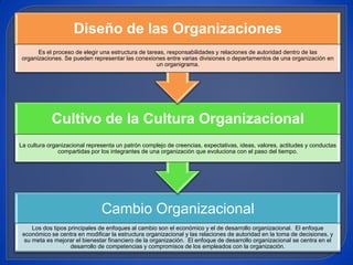 Diseño de las Organizaciones
       Es el proceso de elegir una estructura de tareas, responsabilidades y relaciones de autoridad dentro de las
 organizaciones. Se pueden representar las conexiones entre varias divisiones o departamentos de una organización en
                                                     un organigrama.




            Cultivo de la Cultura Organizacional
La cultura organizacional representa un patrón complejo de creencias, expectativas, ideas, valores, actitudes y conductas
               compartidas por los integrantes de una organización que evoluciona con el paso del tiempo.




                               Cambio Organizacional
     Los dos tipos principales de enfoques al cambio son el económico y el de desarrollo organizacional. El enfoque
 económico se centra en modificar la estructura organizacional y las relaciones de autoridad en la toma de decisiones, y
  su meta es mejorar el bienestar financiero de la organización. El enfoque de desarrollo organizacional se centra en el
                    desarrollo de competencias y compromisos de los empleados con la organización.
 