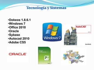 •Dokeos 1.8.6.1
•Windows 7
•Office 2010
•Oracle
•Sybase
•Autocad 2010
•Adobe CS5
 
