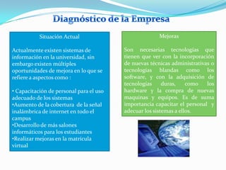 Situación Actual                            Mejoras

Actualmente existen sistemas de          Son necesarias tecnologías que
información en la universidad, sin       tienen que ver con la incorporación
embargo existen múltiples                de nuevas técnicas administrativas o
oportunidades de mejora en lo que se     tecnologías blandas como los
refiere a aspectos como :                software, y con la adquisición de
                                         tecnologías     duras,    como   los
• Capacitación de personal para el uso   hardware y la compra de nuevas
adecuado de los sistemas                 maquinas y equipos. Es de suma
•Aumento de la cobertura de la señal     importancia capacitar el personal y
inalámbrica de internet en todo el       adecuar los sistemas a ellos.
campus
•Desarrollo de más salones
informáticos para los estudiantes
•Realizar mejoras en la matrícula
virtual
 