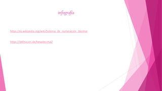 infografía
https://es.wikipedia.org/wiki/Sistema_de_numeración_decimal
https://definicion.de/hexadecimal/
 