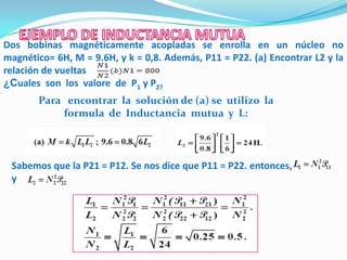 Dos bobinas magnéticamente acopladas se enrolla en un núcleo no
magnético= 6H, M = 9.6H, y k = 0,8. Además, P11 = P22. (a) Encontrar L2 y la
relación de vueltas
¿Cuales son los valore de P1 y P2?
       Para encontrar la solución de (a) se utilizo la
           formula de Inductancia mutua y L:



 Sabemos que la P21 = P12. Se nos dice que P11 = P22. entonces,
 y
 