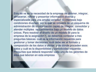 Esto se ve en la necesidad de la empresa de obtener, integrar, almacenar, refinar y presentar información diversa y especializada para una amplia variedad de intereses bajo condiciones diversas; por lo que se requiere de un esquema de administración de la información capaz de integrar, consolidar y atender múltiples  requerimientos bajo un modelo de datos únicos. Para resolver el diseño de un modelo BI para la empresa de la asignación 1, se debemos contestar a tres preguntas básicas: cuál es la información requerida para gestionar y tomar decisiones; cuál debe ser el formato y composición de los datos a utilizar; y de dónde proceden esos datos y cuál es la disponibilidad y periodicidad requerida . Preguntas que deberá responder cada uno de los gerentes de área que laboran en esta empresa  