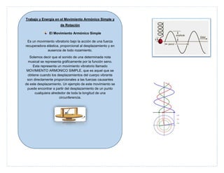 Trabajo y Energía en el Movimiento Armónico Simple y
de Rotación
El Movimiento Armónico Simple
Es un movimiento vibratorio bajo la acción de una fuerza
recuperadora elástica, proporcional al desplazamiento y en
ausencia de todo rozamiento.
Solemos decir que el sonido de una determinada nota
musical se representa gráficamente por la función seno.
Esta representa un movimiento vibratorio llamado
MOVIMIENTO ARMONICO SIMPLE, que es aquel que se
obtiene cuando los desplazamientos del cuerpo vibrante
son directamente proporcionales a las fuerzas causantes
de este desplazamiento. Un ejemplo de este movimiento se
puede encontrar a partir del desplazamiento de un punto
cualquiera alrededor de toda la longitud de una
circunferencia.

 
