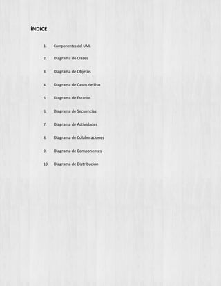 ÍNDICE
1. Componentes del UML
2. Diagrama de Clases
3. Diagrama de Objetos
4. Diagrama de Casos de Uso
5. Diagrama de Estados
6. Diagrama de Secuencias
7. Diagrama de Actividades
8. Diagrama de Colaboraciones
9. Diagrama de Componentes
10. Diagrama de Distribución
 