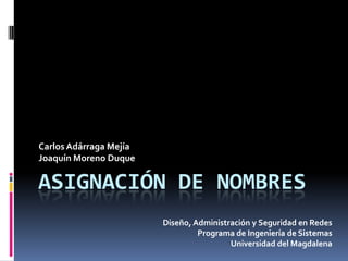 Asignación de Nombres Carlos Adárraga Mejía Joaquín Moreno Duque Diseño, Administración y Seguridad en Redes Programa de Ingeniería de Sistemas Universidad del Magdalena 