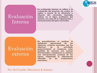 Por: Del Castillo, Hinestroza & Jiménez 
•La evaluación interna se refiere a la evaluación del proceso, los cuales se miden a través de la eficiencia y eficacia del currículo, haciendo énfasis en el logro académico del alumno, así como de la organización y estructuración del plan curricular. 
Evaluación Interna 
•Su procedimiento es analizar la definición operacional de los objetivos, criterios asociados con los objetivos de la actividad, posteriormente se comparan estas medidas de criterios con normas determinadas y finalmente se realizan una interpretación racional de los logros, empleando la información obtenida en las evaluaciones anteriores. 
Evaluación externa  