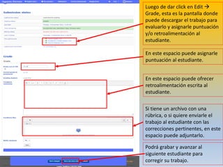 Luego de dar click en Edit 
Grade, esta es la pantalla donde
puede descargar el trabajo para
evaluarlo y asignarle puntuación
y/o retroalimentación al
estudiante.
En este espacio puede asignarle
puntuación al estudiante.
En este espacio puede ofrecer
retroalimentación escrita al
estudiante.
Podrá grabar y avanzar al
siguiente estudiante para
corregir su trabajo.
Si tiene un archivo con una
rúbrica, o si quiere enviarle el
trabajo al estudiante con las
correcciones pertinentes, en este
espacio puede adjuntarlo.
 