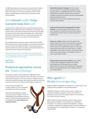 In 1989, Asigra began partnering with service providers to deliver           Hybrid Data Protection Strategy: You do not need
agentless backup and recovery to the market. Recognizing the                 to choose whether to completely manage the entire
multi-tenant nature of the service providers’ business model,                company data or completely outsource it to an Online
Asigra embedded billing and other tools to empower remote                    Backup Service Provider. Asigra is the only solution
services delivery.                                                           available that allows mixing and matching and seamlessly
                                                                             switching between the two
                                                                             strategies without having to reinstall the backup and
Zero channel conflict helps                                                  recovery client software.


everyone keep their cool.
For several years, Asigra sold only to managed service providers             Public and Private Cloud Computing Data Protection
(MSPs) that leveraged public cloud infrastructure. Eventually, those         Strategy: you can leverage the Public Cloud or use
partners began to encounter prospects that wanted the technology,            your company’s Private Cloud to optimize the backup
but wanted to host and manage it themselves. So in 2005, Asigra              of distributed remote locations, virtual machines and
launched an offering that end-users could purchase through the               mobile users.
channel but host on their own systems, thus leveraging the
private cloud.

                                                                             Control vs. Custody: Asigra is the only solution that
By not selling direct to end-users, Asigra avoids channel conﬂicts.
                                                                             always ensures your control of backup data. Even when
End-users who want to buy the platform to create private clouds can
                                                                             custody of the data has been given over to an MSP in
source it through their preferred reseller. That’s because Asigra’s
                                                                             whose vault your encrypted data resides, you can easily
channel program honors the pre-existing relationships between the
                                                                             migrate the backup data to your data center or another
end-users and their existing channel partners.
                                                                             Asigra MSP’s vault without having to reinstall the backup
                                                                             and recovery client software. This enables a variety of
“We avoid channel conﬂicts, which allows us to stay focused on
                                                                             clear, cloud-migration paths.
 providing good technology and support, and allows the channel to
 own the relationship with end-users.”


David Farajun                                                                Single code base and common platform: Asigra offers
Asigra Founder                                                               a holistic data management solution that includes
                                                                             technologies like LAN Storage Discovery, Mass
                                                                             Deployment, Encryption, CDP, Deduplication, Replication,
Traditional approaches versus                                                Backup Lifecycle Management with a single code base
                                                                             and uniﬁed platform.
the “Future of Backup.”
The traditional backup vendors (Symantec, IBM, EMC, CA and
others) continue to play a signiﬁcant role in the backup and recovery
market. But the pressure to innovate and offer a range of recovery      Why agentless?
options has escalated, because new market requirements are forcing
customers to look at non-traditional technologies and solutions.        It’s the stone in our sling.
A new industry paradigm shift                                           Asigra’s software is agentless, so it resides on one host inside a LAN
is ﬁnally catching up, with virtualization                              without anything installed on the protected systems.
and public/private cloud computing.
                                                                        Agentless architecture is less invasive, easier to deploy and
Traditional methodologies to backup                                     manage (troubleshoot, upgrade, and buy), and optimal for
and recover data are unable to deliver a                                protecting virtual servers. You simply install it on one machine
uniﬁed platform that addresses customer                                 and protect the entire network.
needs in a holistic framework aligned with
this paradigm shift. Asigra delivers one                                While traditional backup and restore solutions might require
integrated solution:                                                    backup agents installed on every target server, workstation,
                                                                        and laptop—for each type of system and application—Asigra’s
                                                                        architecture is designed to integrate support for all major platforms
                                                                        and applications into a single software “footprint” on a local area
                                                                        network (LAN).
 