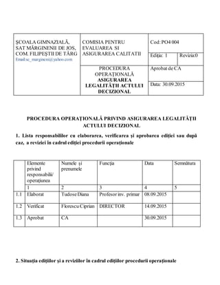 ŞCOALA GIMNAZIALĂ,
SAT MĂRGINENII DE JOS,
COM. FILIPEŞTII DE TÂRG
Email:sc_margineni@yahoo.com
COMISIA PENTRU
EVALUAREA SI
ASIGURAREA CALITATII
Cod:PO4 004
Ediţia: 1 Revizia:0
PROCEDURA
OPERAŢIONALĂ
ASIGURAREA
LEGALITĂȚII ACTULUI
DECIZIONAL
Aprobat de CA
Data: 30.09.2015
PROCEDURA OPERAŢIONALĂ PRIVIND ASIGURAREA LEGALITĂȚII
ACTULUI DECIZIONAL
1. Lista responsabililor cu elaborarea, verificarea şi aprobarea ediţiei sau după
caz, a reviziei în cadrul ediţiei procedurii operaţionale
Elemente
privind
responsabilii/
operaţiunea
Numele şi
prenumele
Funcţia Data Semnătura
1 2 3 4 5
1.1 Elaborat TudoseDiana Profesor inv. primar 08.09.2015
1.2 Verificat Florescu Ciprian DIRECTOR 14.09.2015
1.3 Aprobat CA 30.09.2015
2. Situaţia ediţiilor şi a reviziilor în cadrul ediţiilor procedurii operaţionale
 