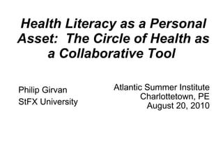 Health Literacy as a Personal Asset:  The Circle of Health as a Collaborative Tool  ,[object Object],[object Object],[object Object],[object Object],[object Object]