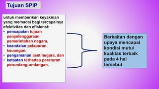 64
untuk memberikan keyakinan
yang memadai bagi tercapainya
efektivitas dan efisiensi:
• pencapaian tujuan
penyelenggaraan
pemerintahan negara,
• keandalan pelaporan
keuangan,
• pengamanan aset negara, dan
• ketaatan terhadap peraturan
perundang-undangan.
Tujuan SPIP
Berkaitan dengan
upaya mencapai
kondisi mutu/
kualitas terbaik
pada 4 hal
tersebut
 