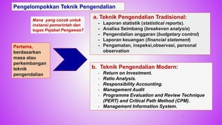 80
a. Teknik Pengendalian Tradisional:
- Laporan statistik (statistical reports).
- Analisa Seimbang (breakeven analysis)
- Pengendalian anggaran (budgetary control)
- Laporan keuangan (financial statement)
- Pengamatan, inspeksi,observasi, personal
observation
Pengelompokkan Teknik Pengendalian
b. Teknik Pengendalian Modern:
- Return on Investment.
- Ratio Analysis.
- Responsibility Accounting.
- Management Audit
- Programme Evaluation and Review Technique
(PERT) and Critical Path Method (CPM).
- Management Information System.
Pertama,
berdasarkan
masa atau
perkembangan
teknik
pengendalian
Mana yang cocok untuk
instansi pemerintah dan
tugas Pejabat Pengawas?
 
