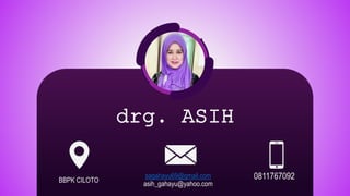 drg. ASIH
BBPK CILOTO
sagahayu69@gmail.com
asih_gahayu@yahoo.com
0811767092
 